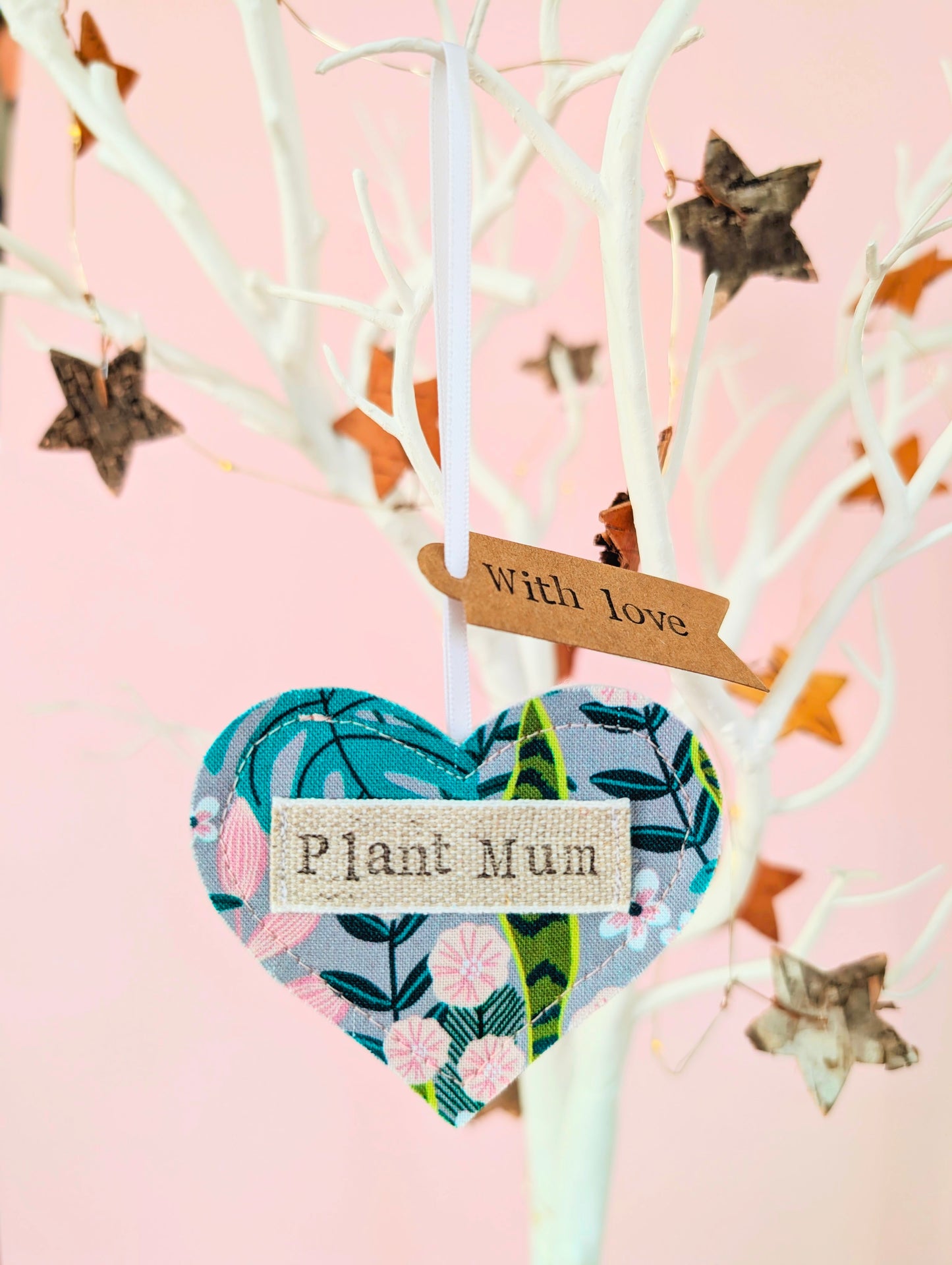'Plant mum' hanging heart decoration with recycled plantable wildflower seed backing card