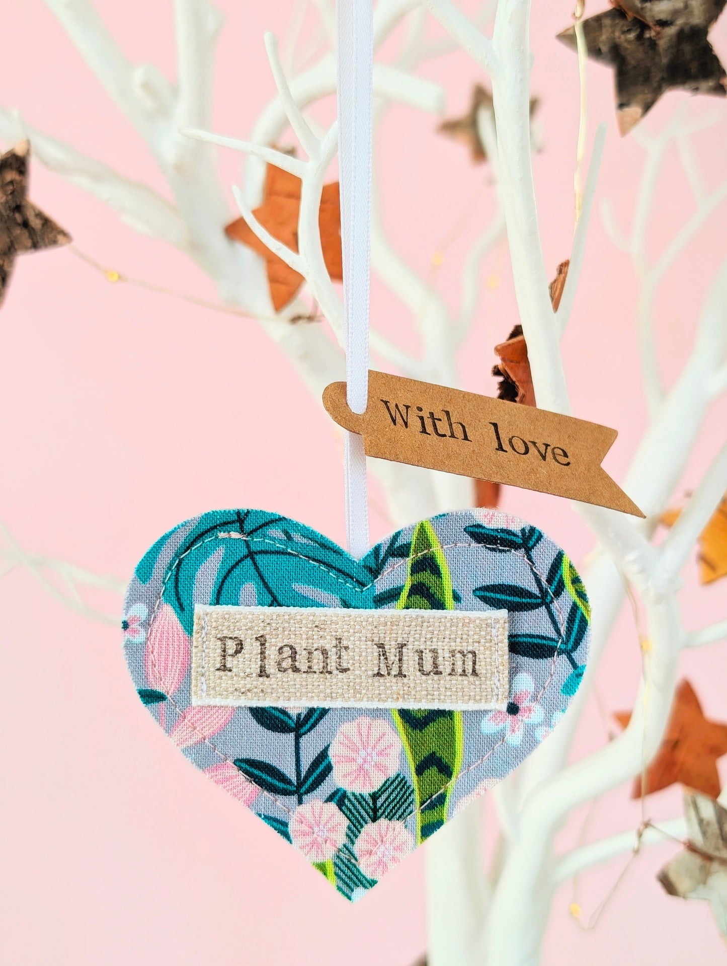 'Plant mum' hanging heart decoration with recycled plantable wildflower seed backing card