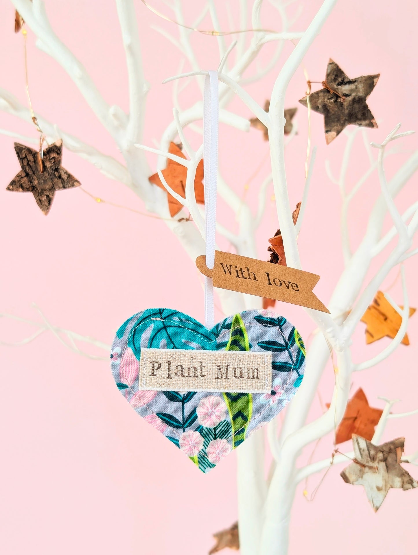 'Plant mum' hanging heart decoration with recycled plantable wildflower seed backing card