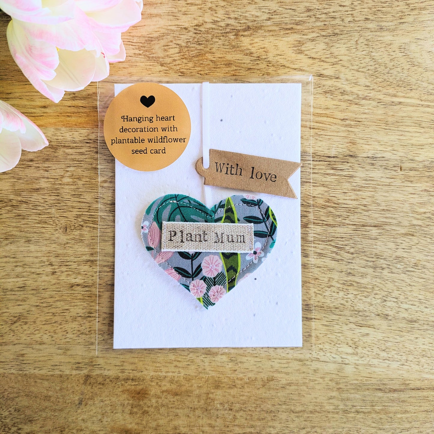 'Plant mum' hanging heart decoration with recycled plantable wildflower seed backing card