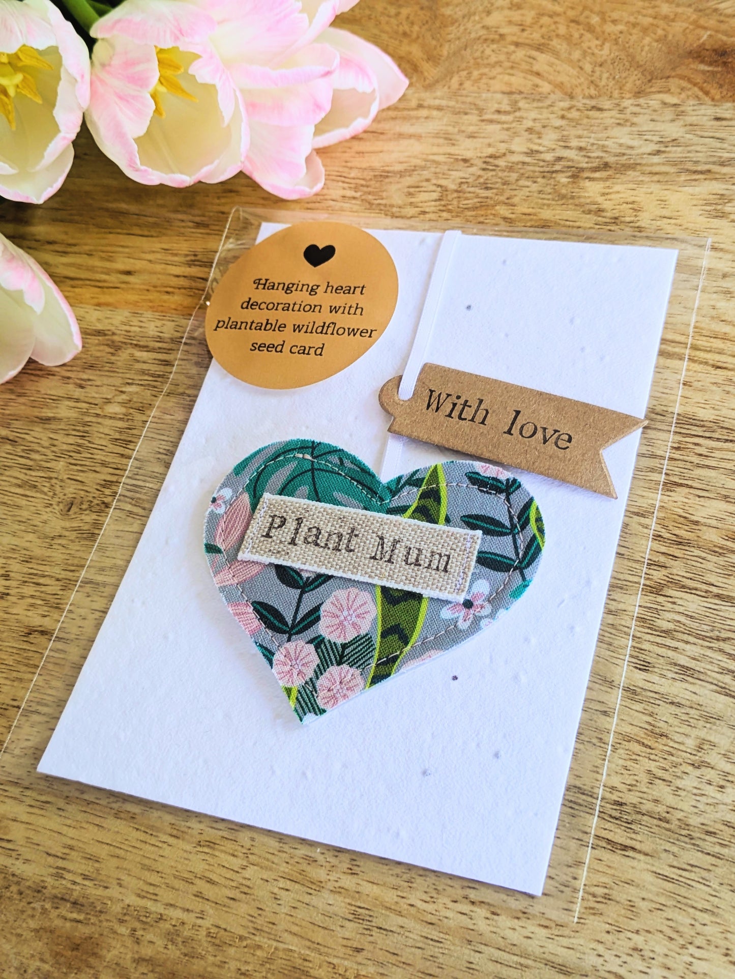 'Plant mum' hanging heart decoration with recycled plantable wildflower seed backing card