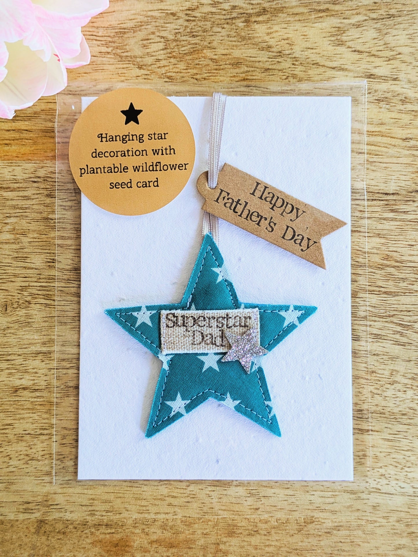 'Superstar Dad' hanging star decoration with recycled plantable wildflower seed backing card