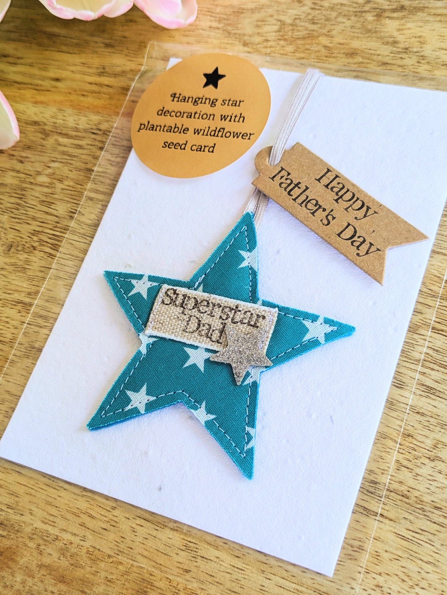 'Superstar Dad' hanging star decoration with recycled plantable wildflower seed backing card
