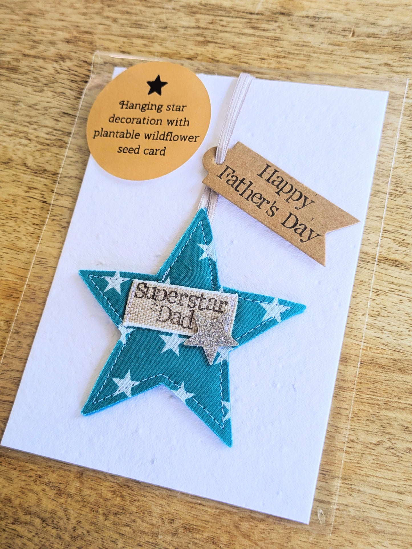 'Superstar Dad' hanging star decoration with recycled plantable wildflower seed backing card
