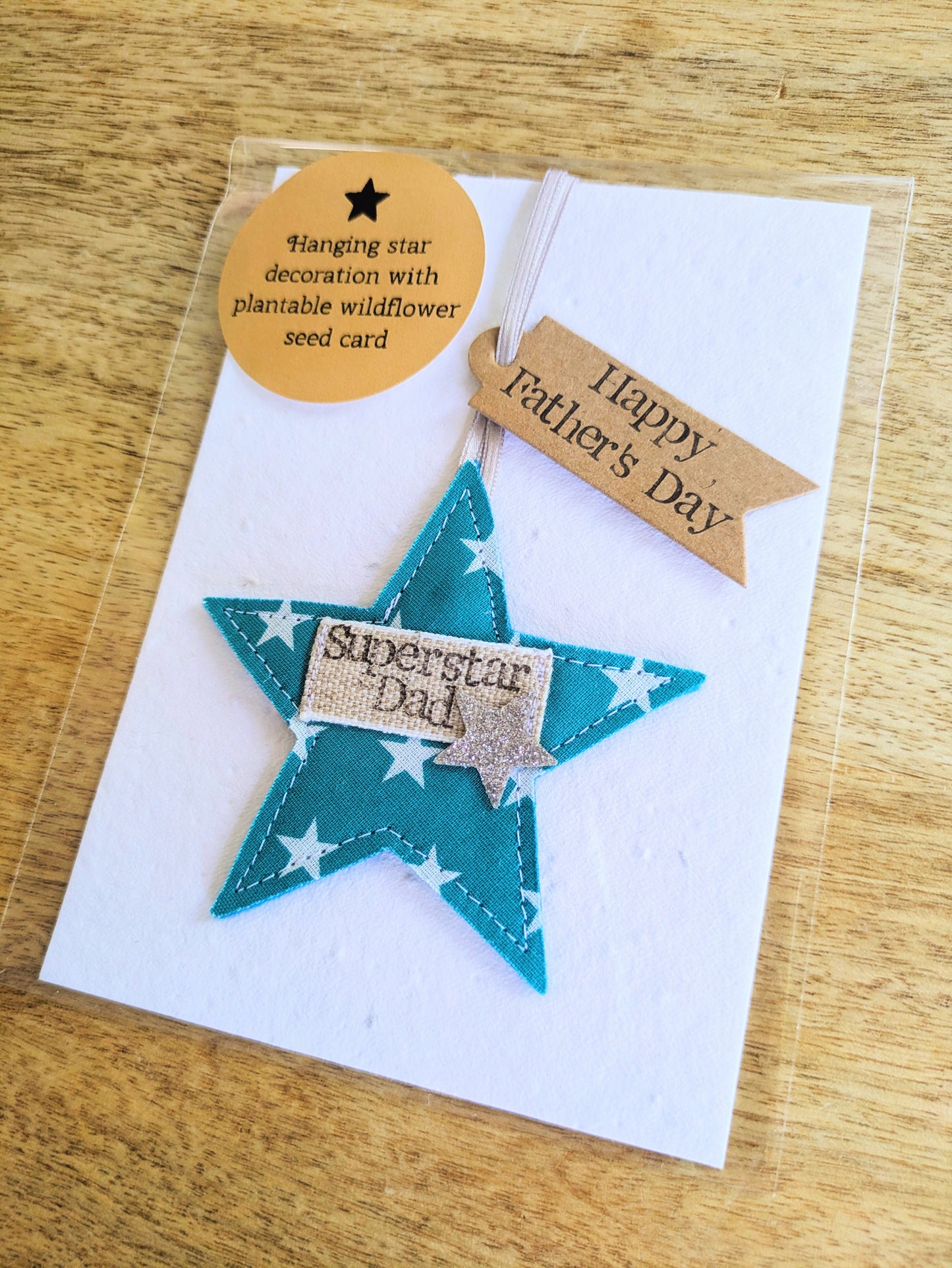 'Superstar Dad' hanging star decoration with recycled plantable wildflower seed backing card