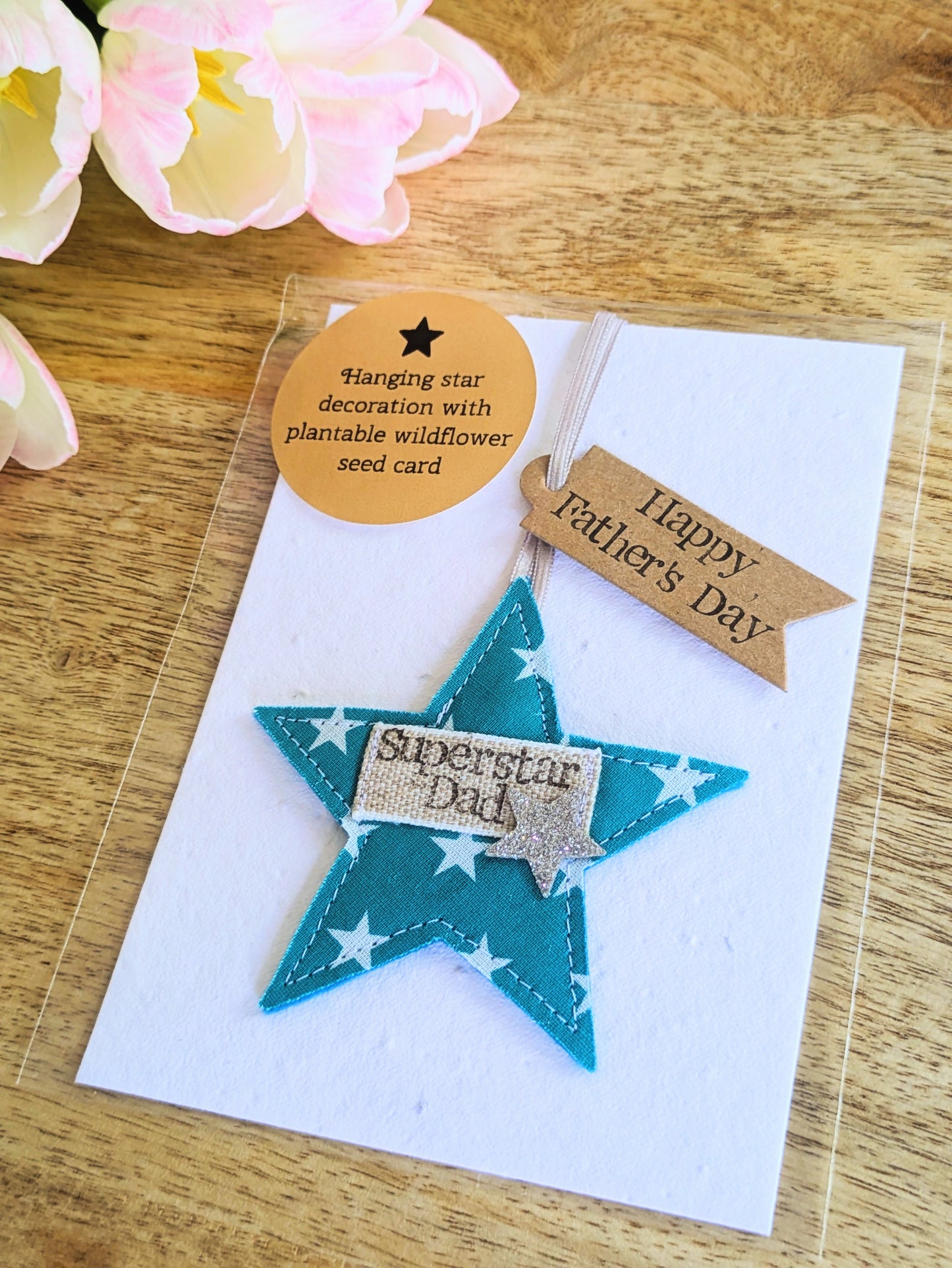 'Superstar Dad' hanging star decoration with recycled plantable wildflower seed backing card