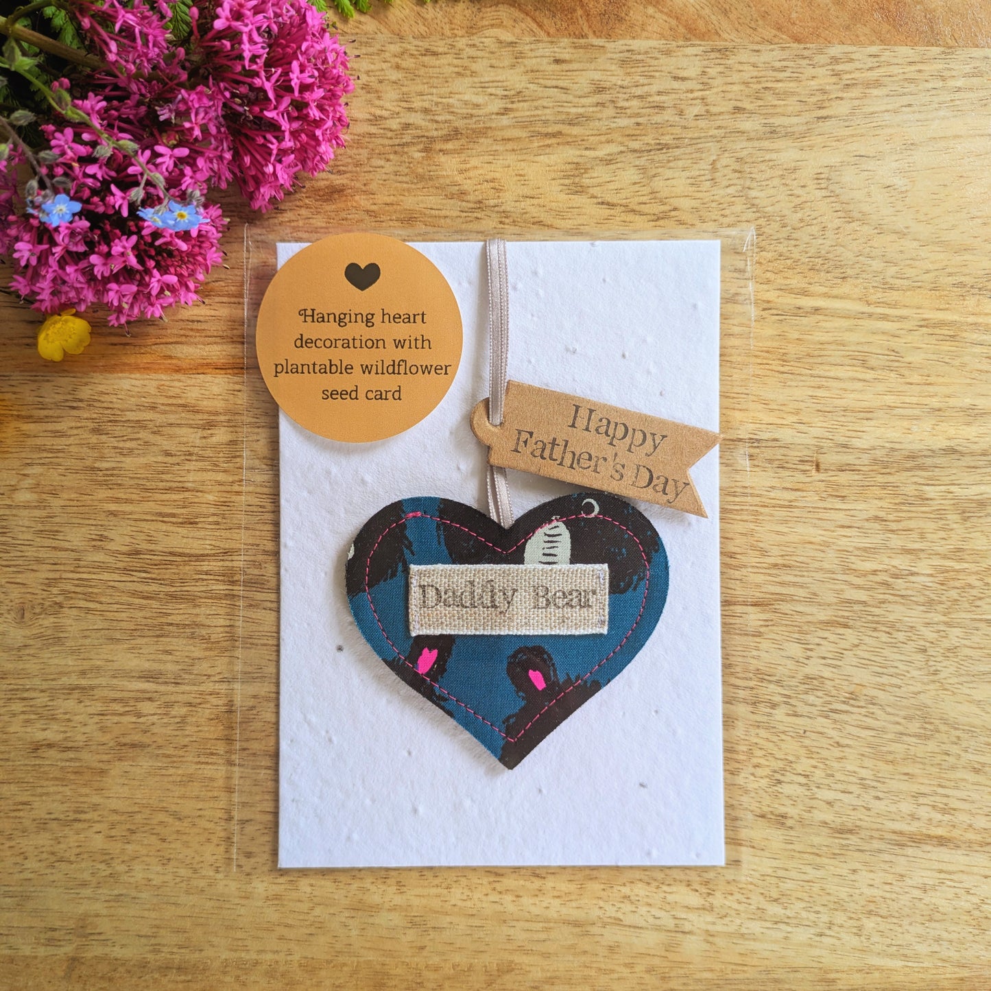 Daddy Bear Hanging Heart Decoration with Plantable Wildflower Seed Backing Card