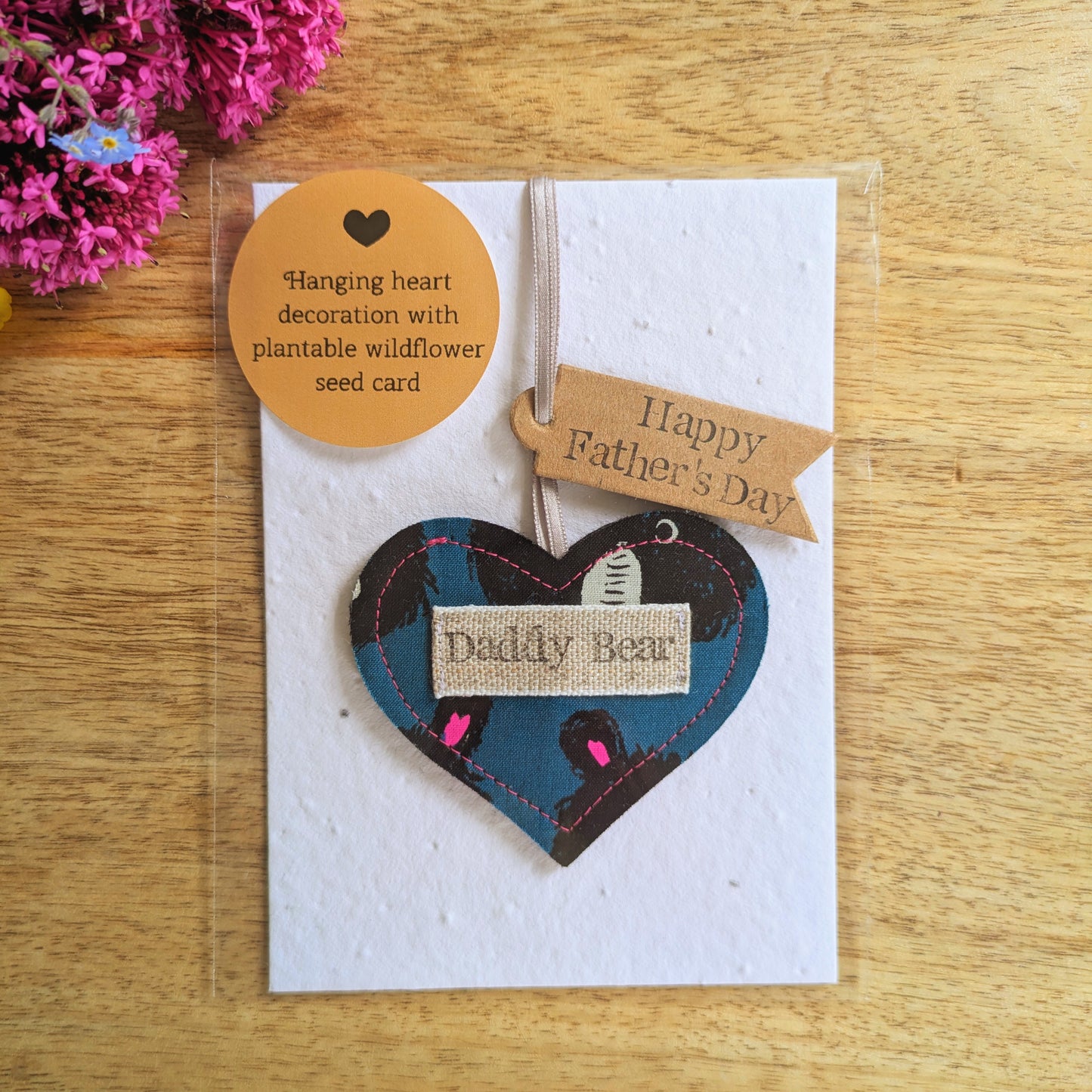 Daddy Bear Hanging Heart Decoration with Plantable Wildflower Seed Backing Card