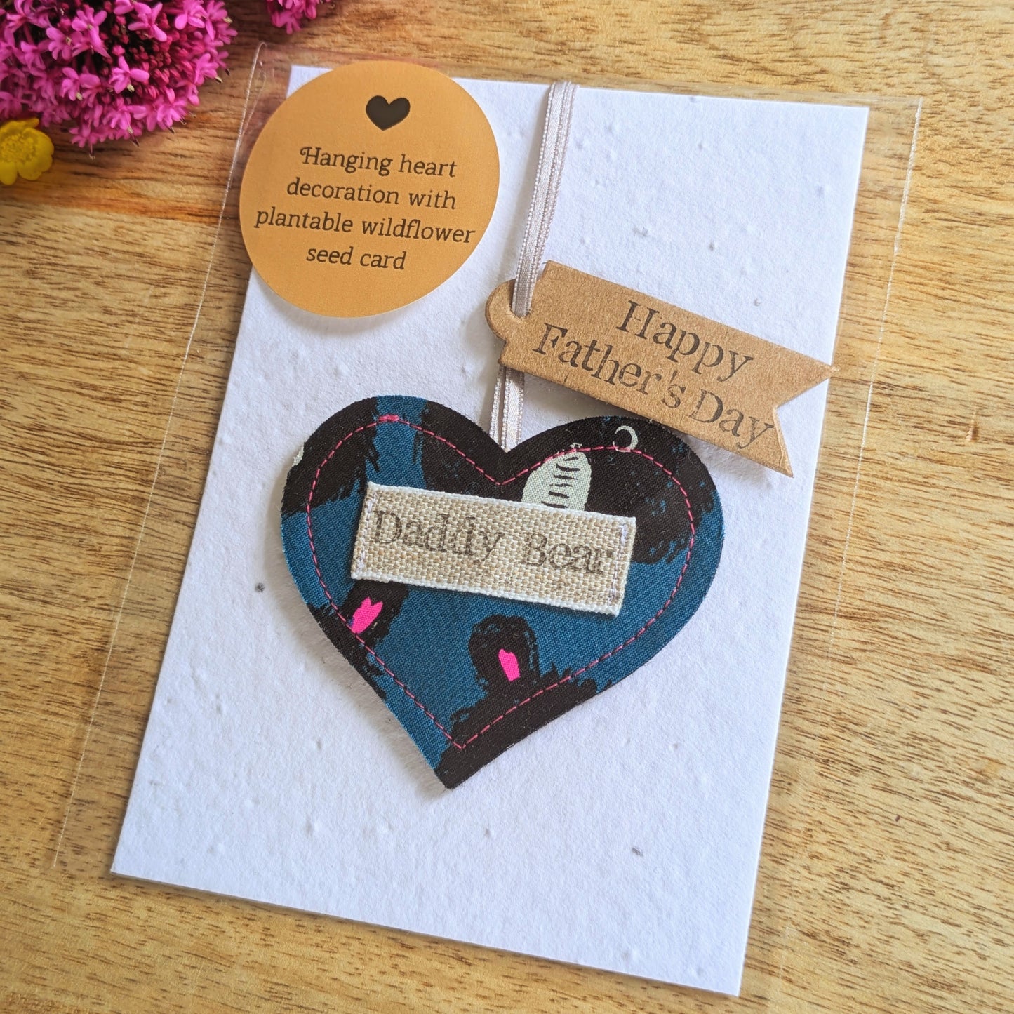 Daddy Bear Hanging Heart Decoration with Plantable Wildflower Seed Backing Card
