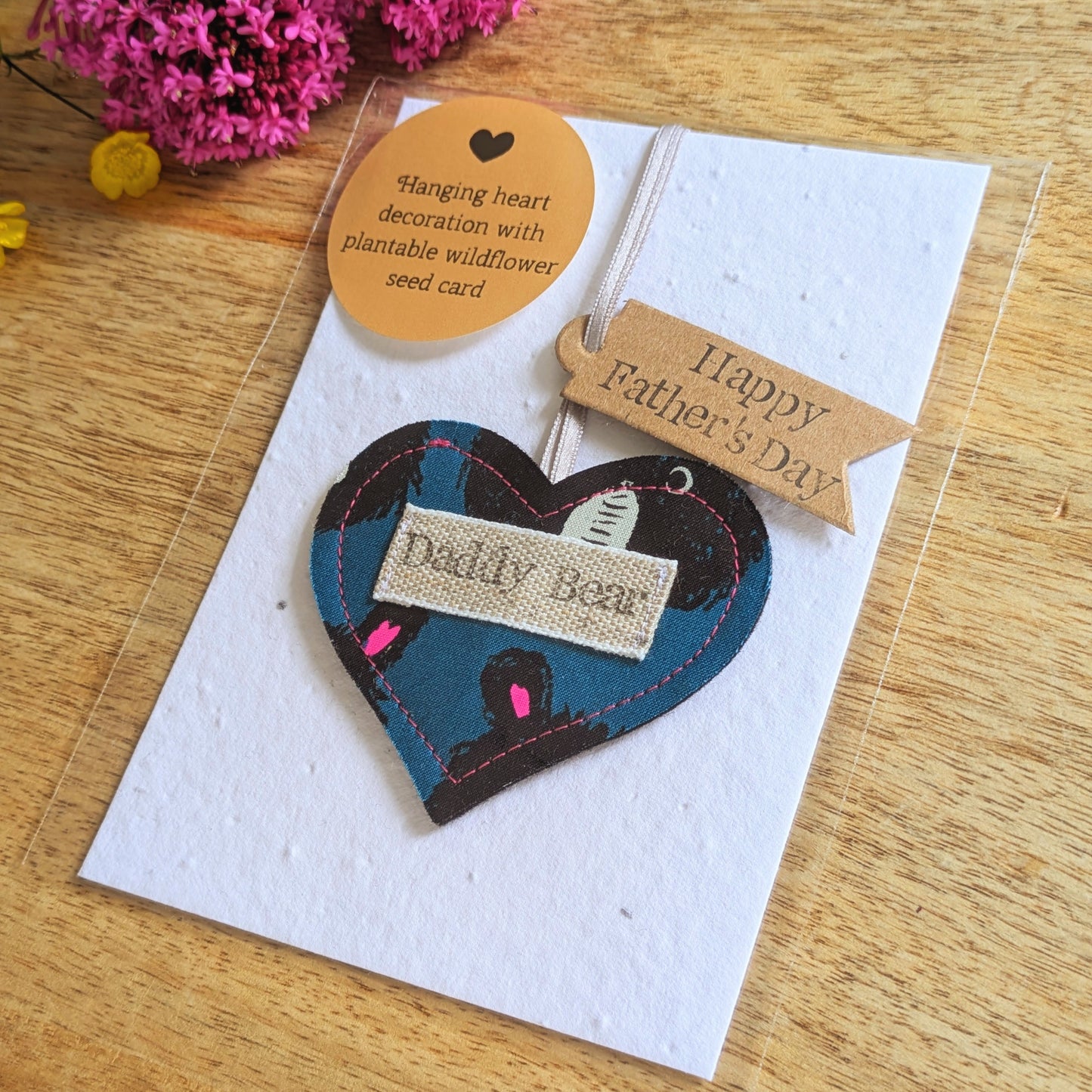 Daddy Bear Hanging Heart Decoration with Plantable Wildflower Seed Backing Card