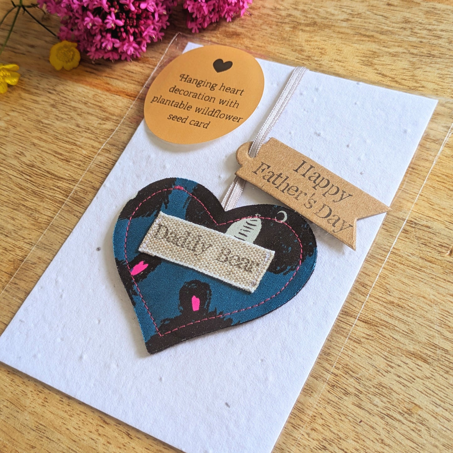 Daddy Bear Hanging Heart Decoration with Plantable Wildflower Seed Backing Card
