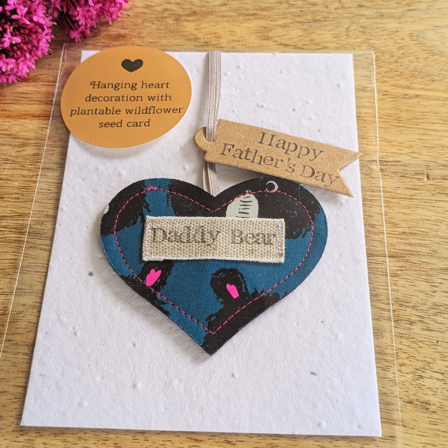 Daddy Bear Hanging Heart Decoration with Plantable Wildflower Seed Backing Card