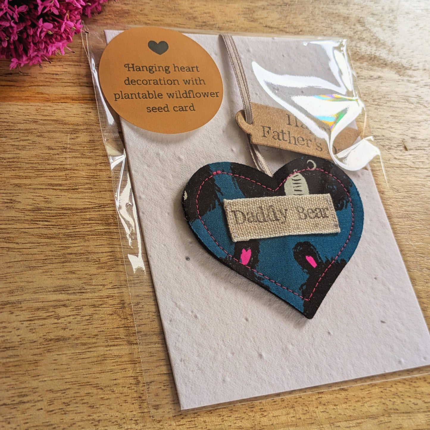 Daddy Bear Hanging Heart Decoration with Plantable Wildflower Seed Backing Card