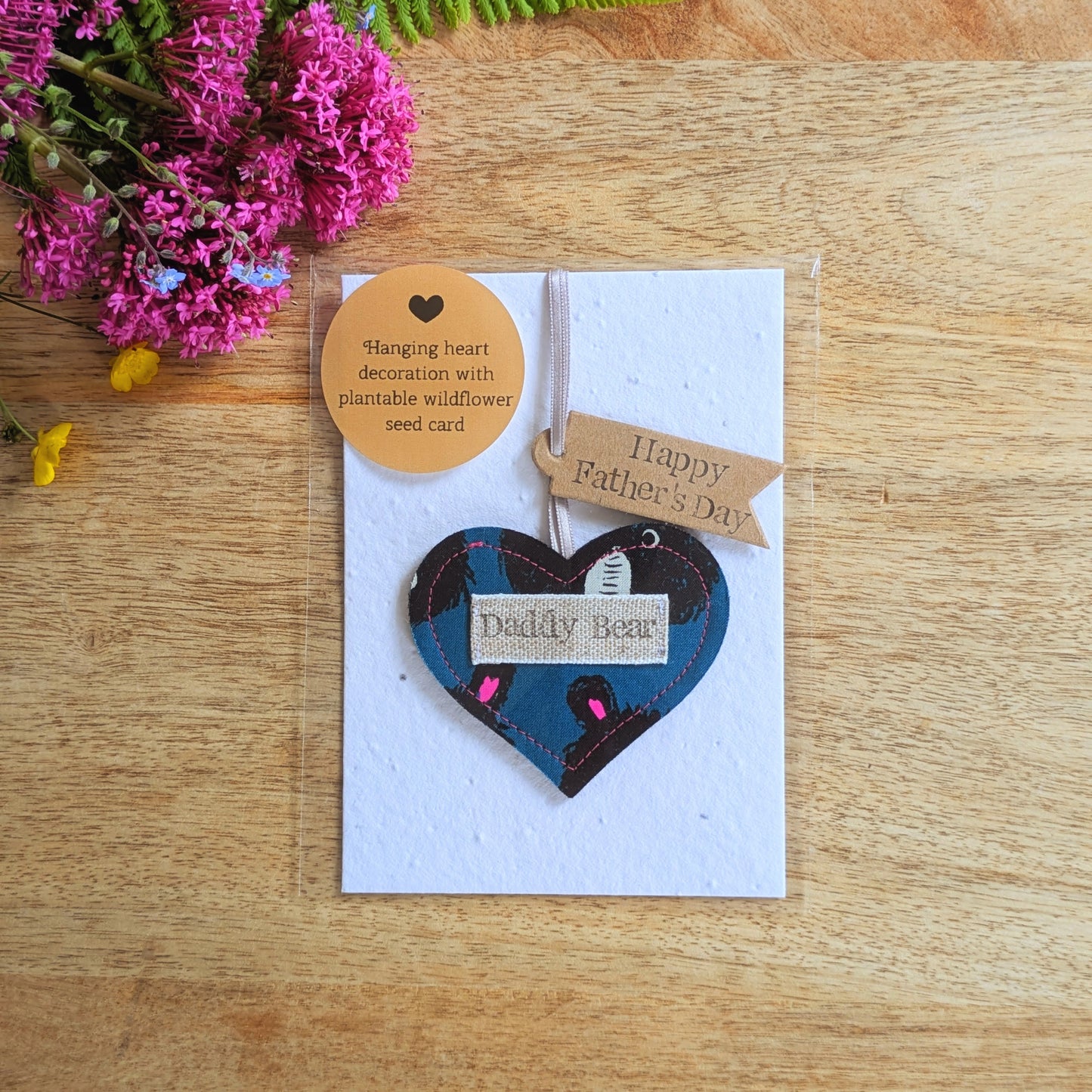 Daddy Bear Hanging Heart Decoration with Plantable Wildflower Seed Backing Card