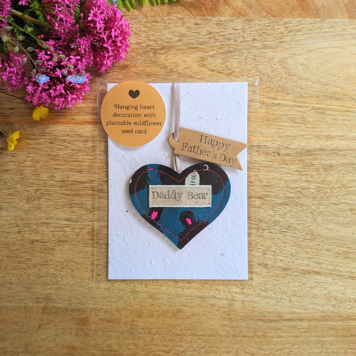 Daddy Bear Hanging Heart Decoration with Plantable Wildflower Seed Backing Card