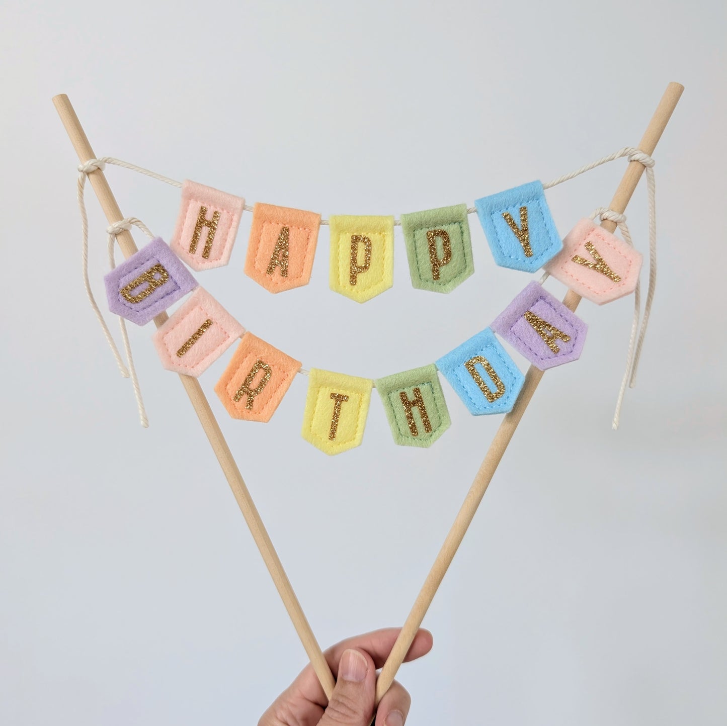Handmade felt happy birthday pastel rainbow cake topper bunting