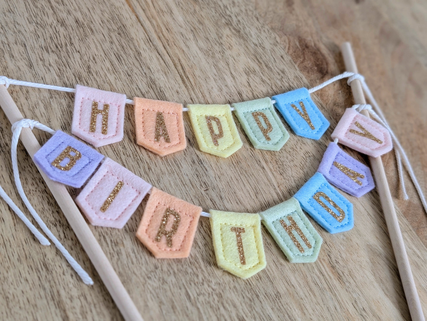 Handmade felt happy birthday pastel rainbow cake topper bunting