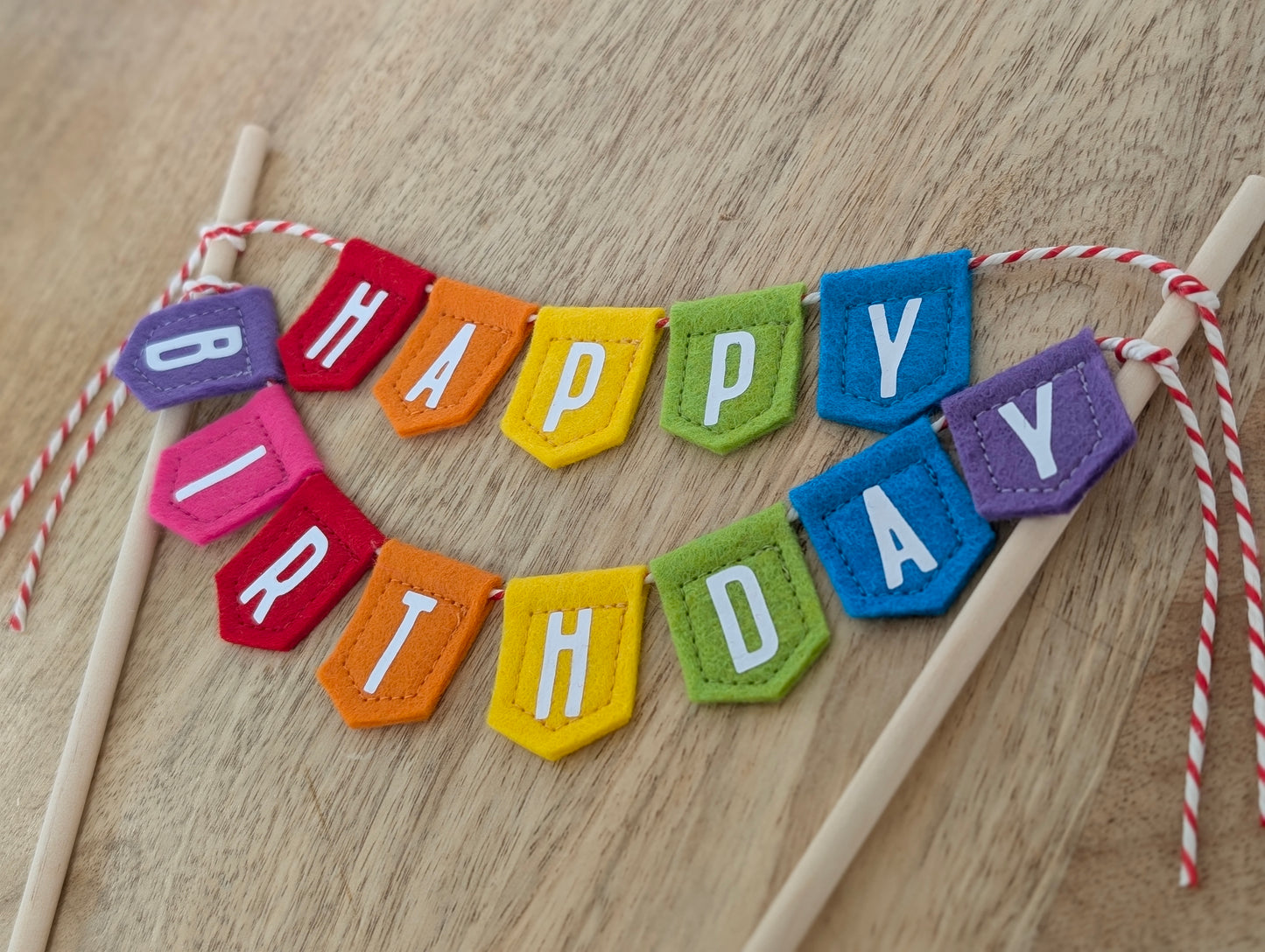 Handmade felt rainbow happy birthday cake topper bunting