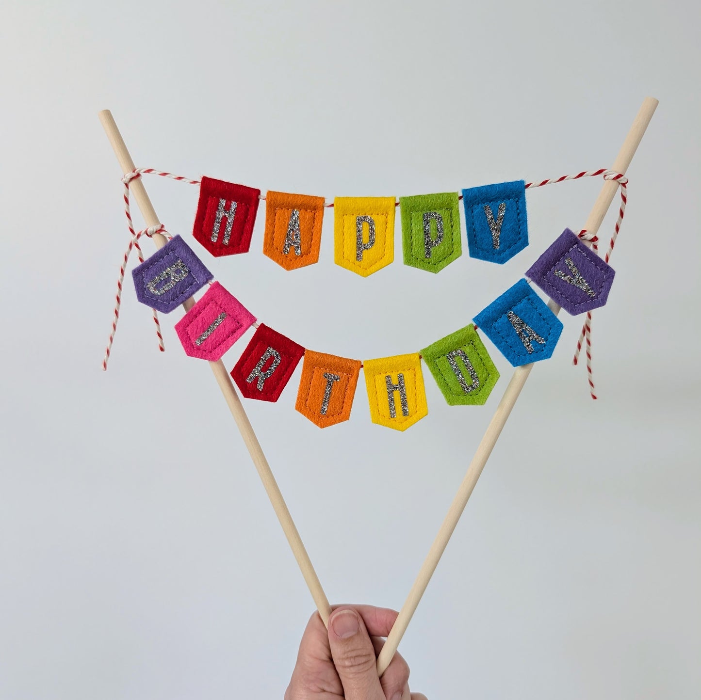 Handmade felt rainbow happy birthday cake topper bunting