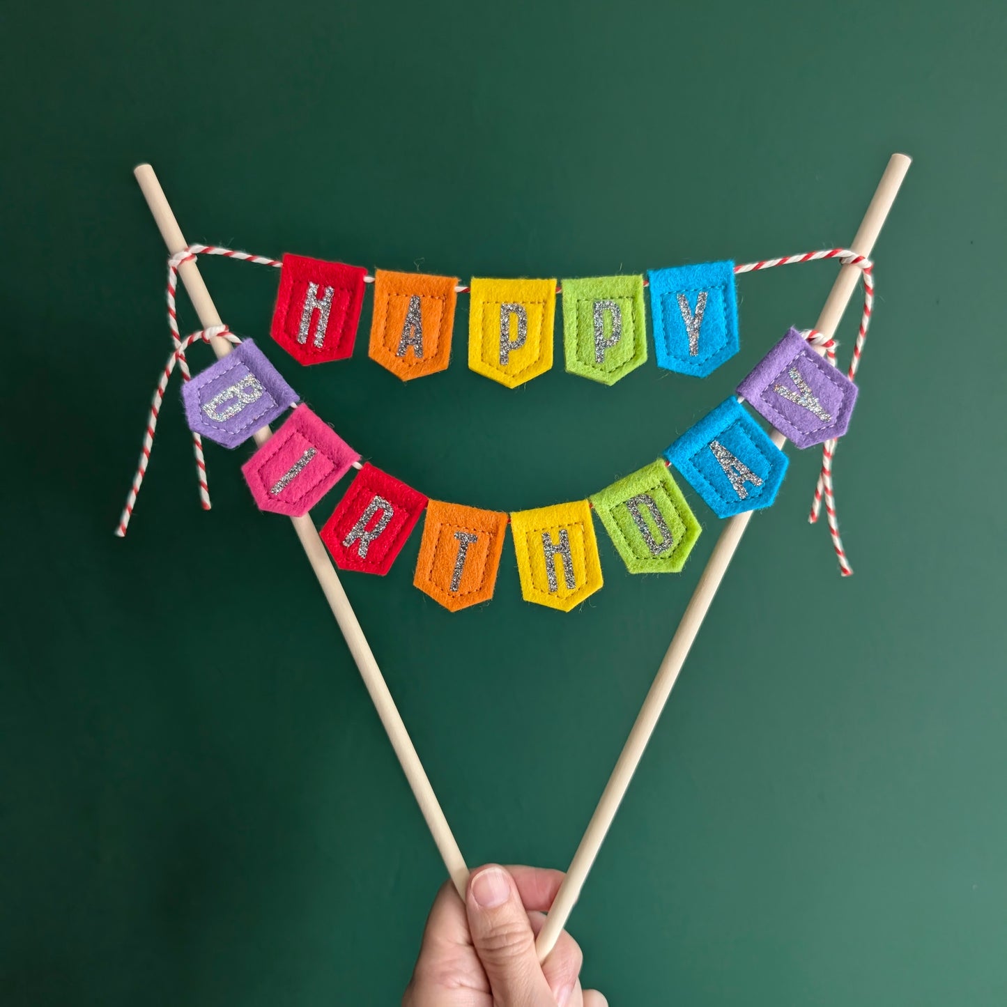 Handmade felt rainbow happy birthday cake topper bunting