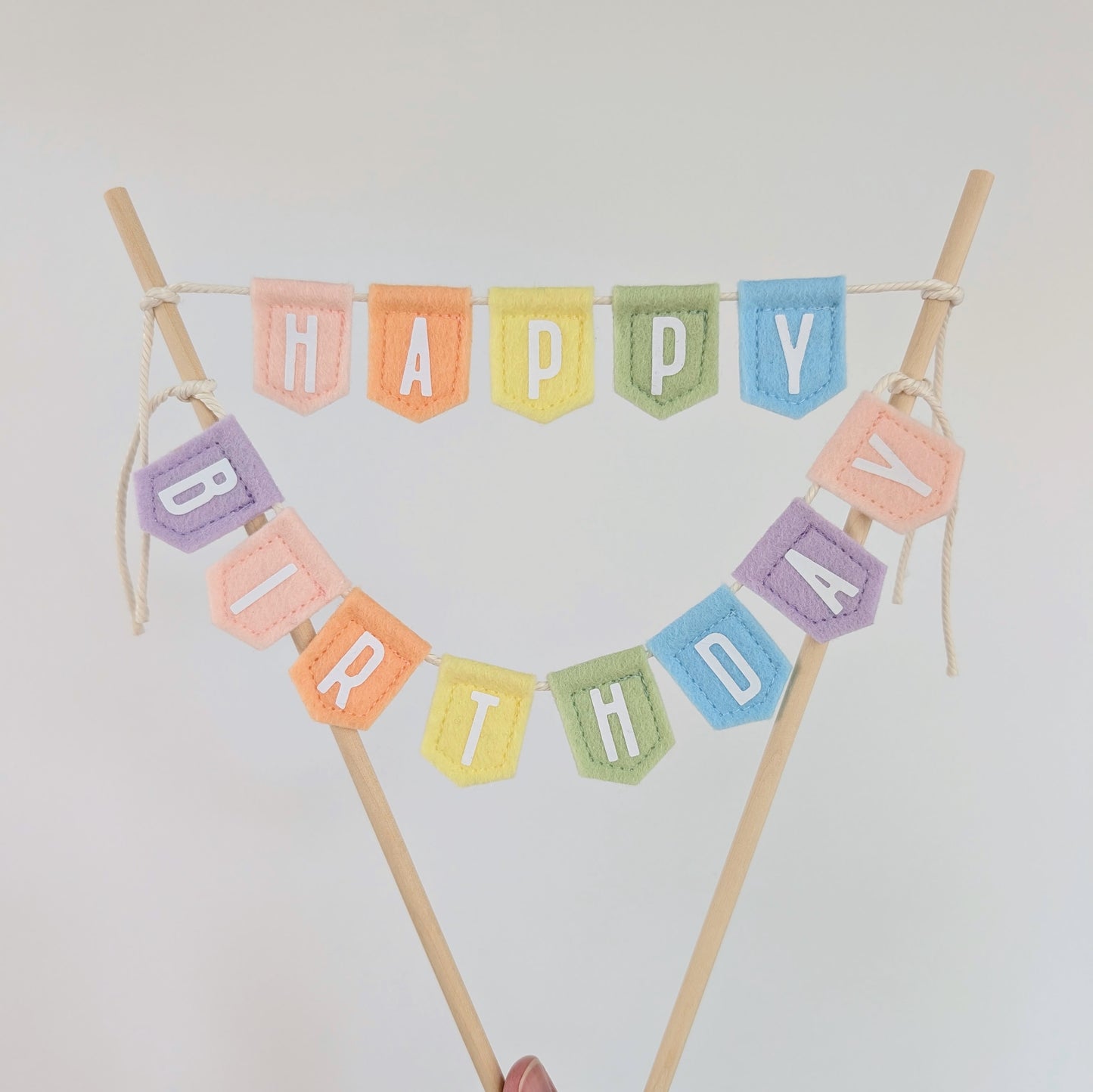 Handmade felt happy birthday pastel rainbow cake topper bunting