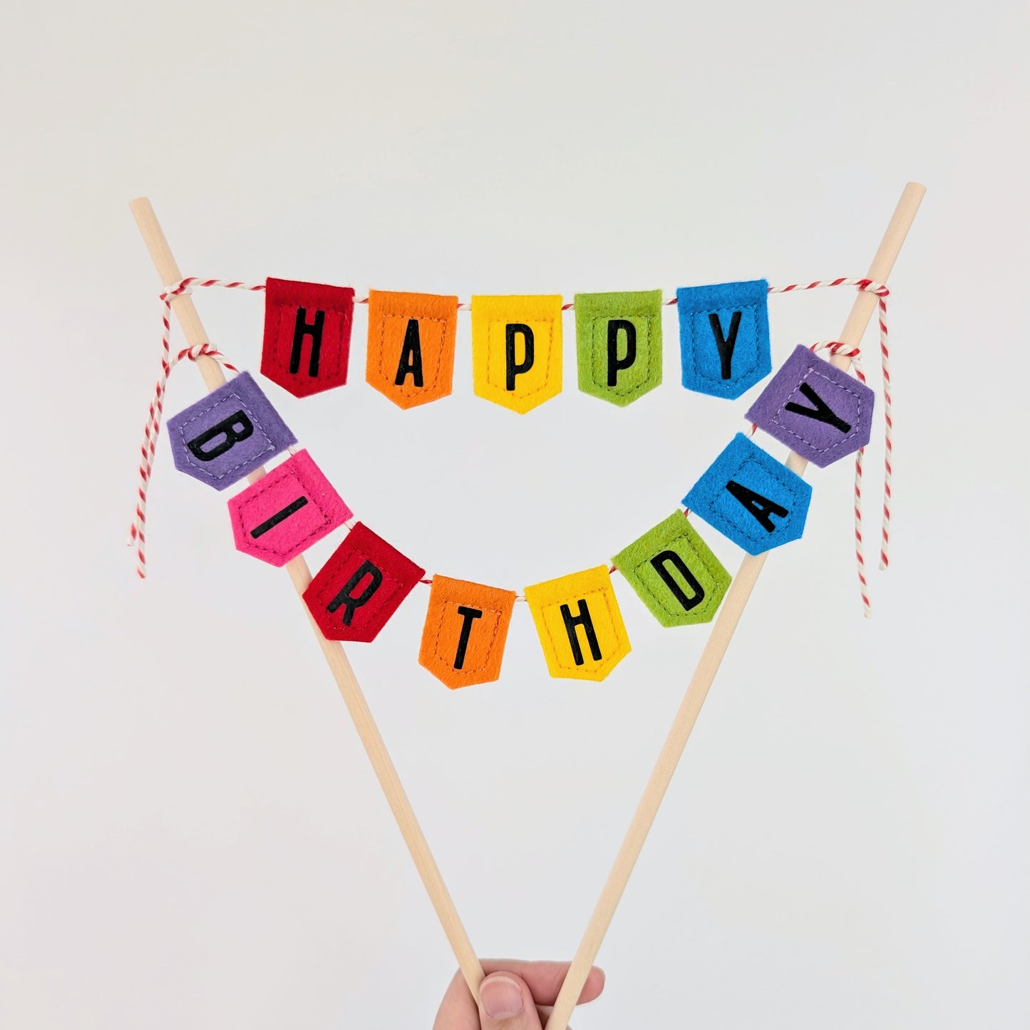 Handmade felt rainbow happy birthday cake topper bunting