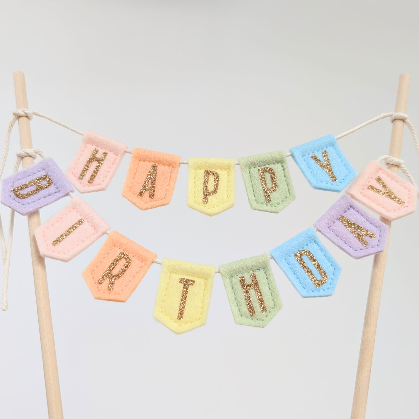 Handmade felt happy birthday pastel rainbow cake topper bunting