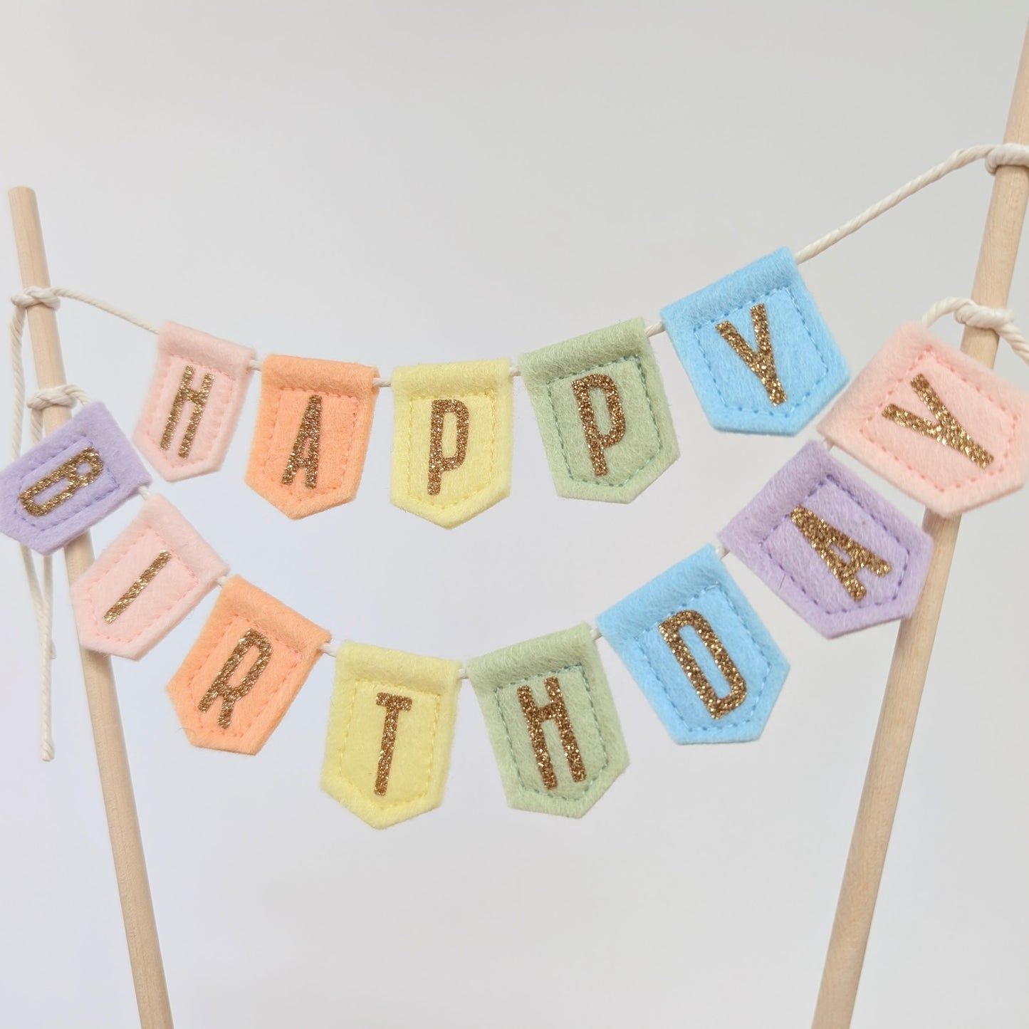 Handmade felt happy birthday pastel rainbow cake topper bunting