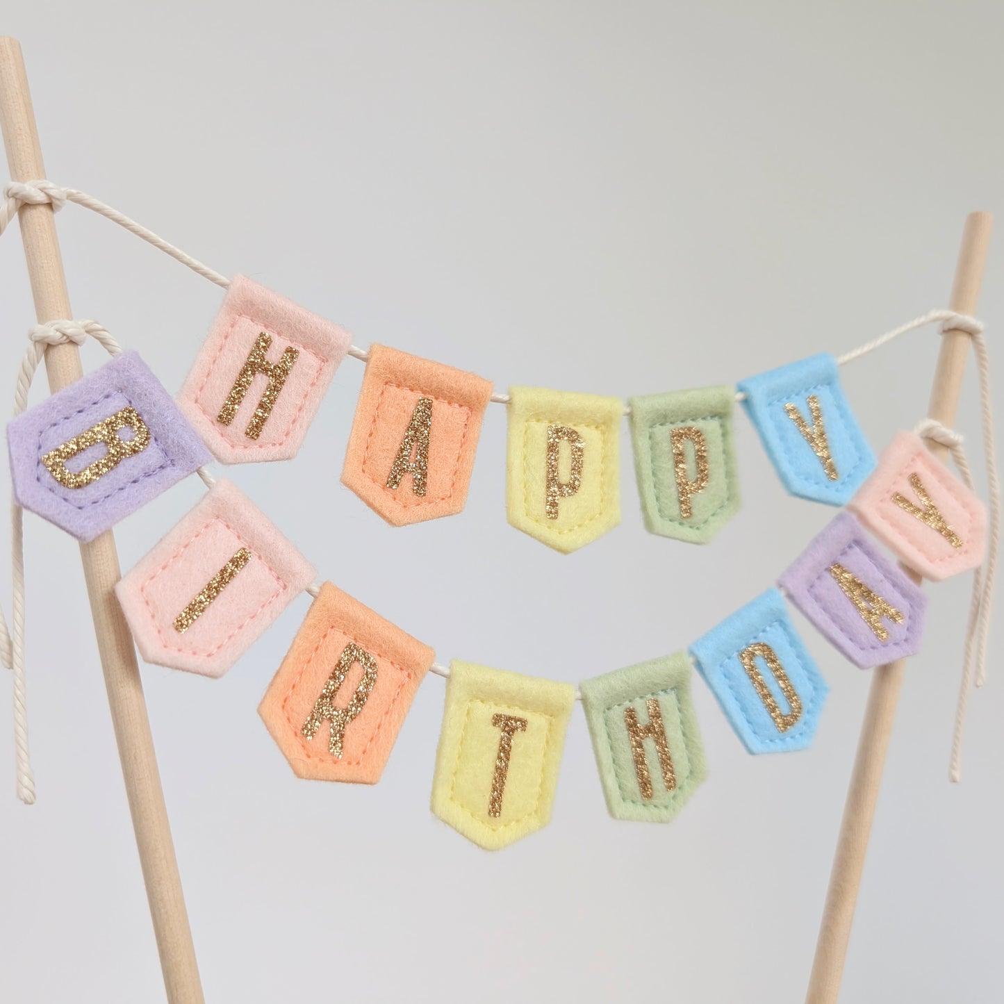 Handmade felt happy birthday pastel rainbow cake topper bunting