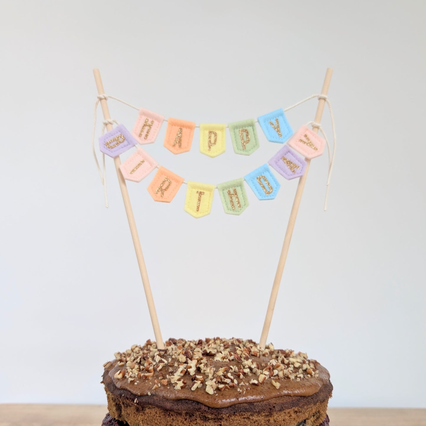 Handmade felt happy birthday pastel rainbow cake topper bunting