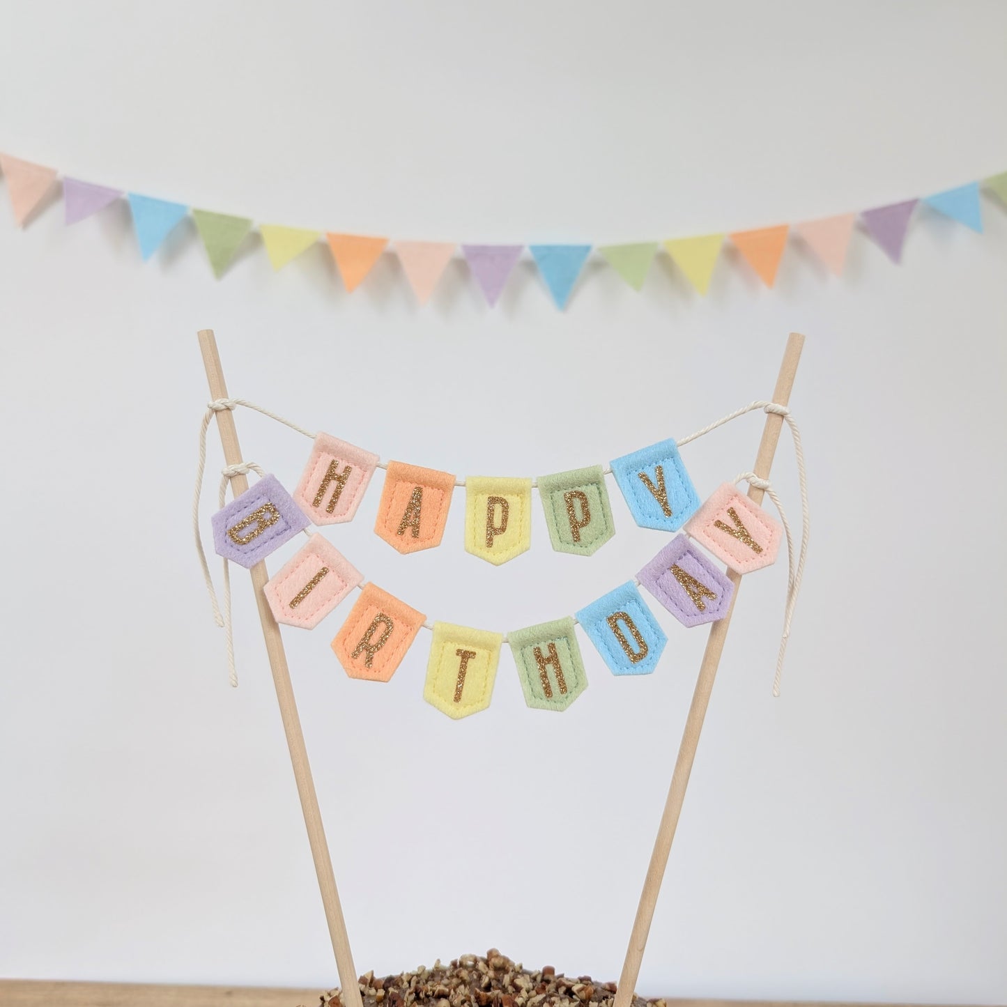 Handmade felt happy birthday pastel rainbow cake topper bunting