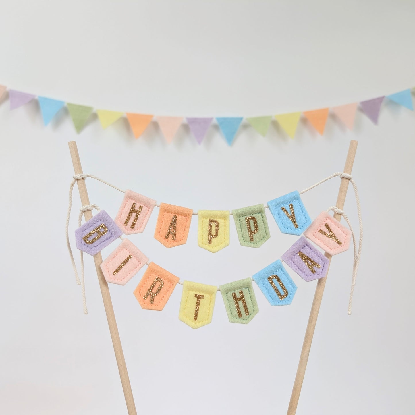 Handmade felt happy birthday pastel rainbow cake topper bunting