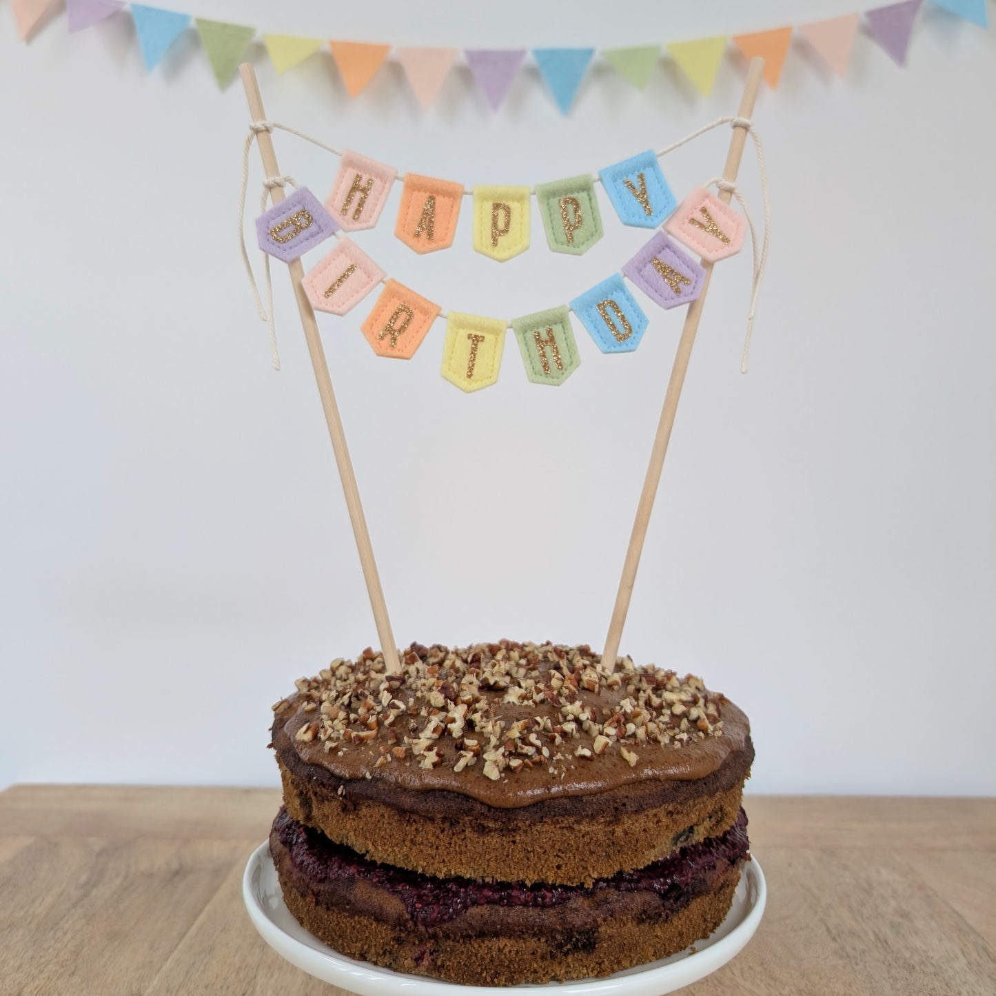 Handmade felt happy birthday pastel rainbow cake topper bunting
