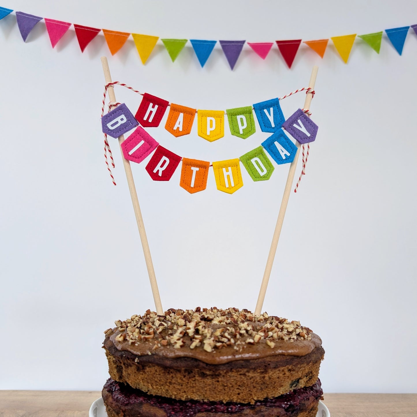 Handmade felt rainbow happy birthday cake topper bunting