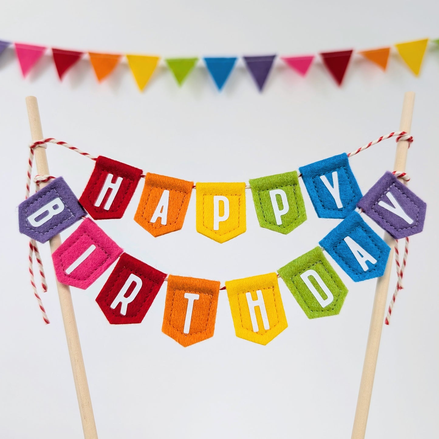 Handmade felt rainbow happy birthday cake topper bunting
