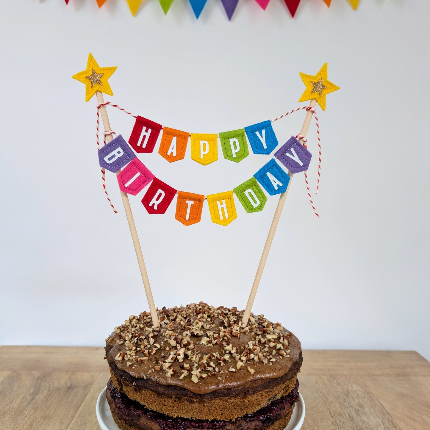 Handmade felt rainbow happy birthday cake topper bunting