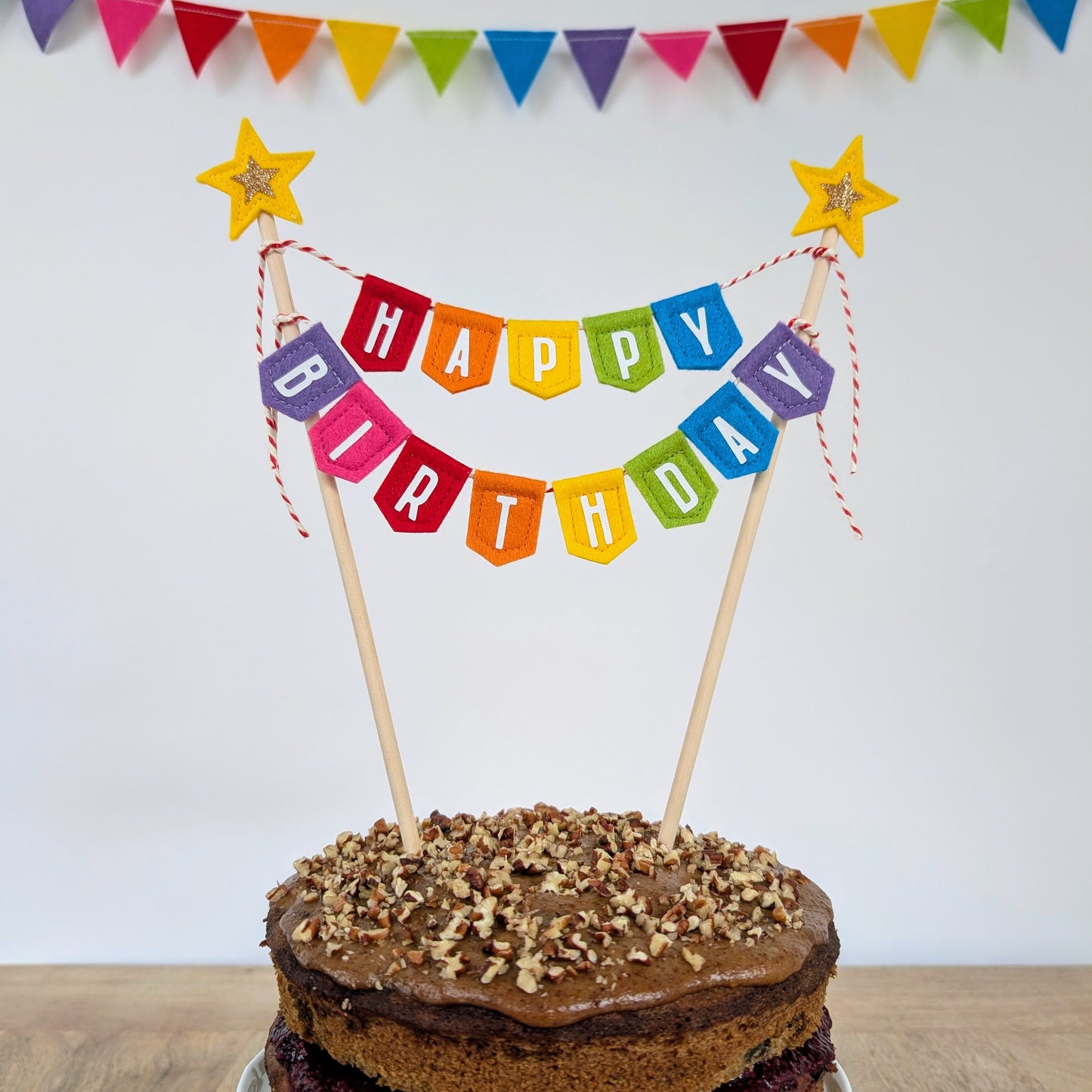 Handmade felt rainbow happy birthday cake topper bunting