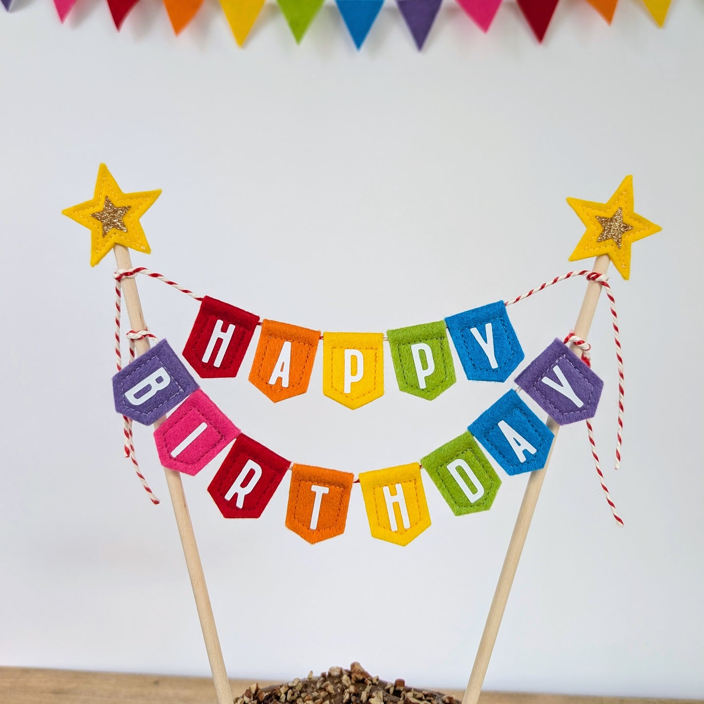 Handmade felt rainbow happy birthday cake topper bunting