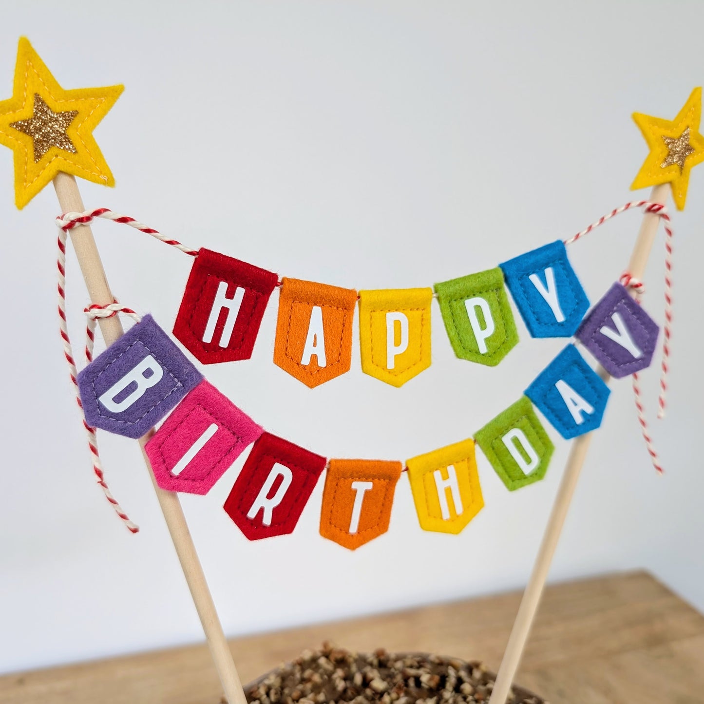 Handmade felt rainbow happy birthday cake topper bunting