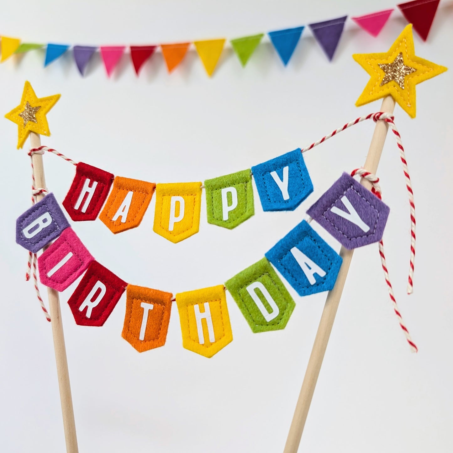 Handmade felt rainbow happy birthday cake topper bunting