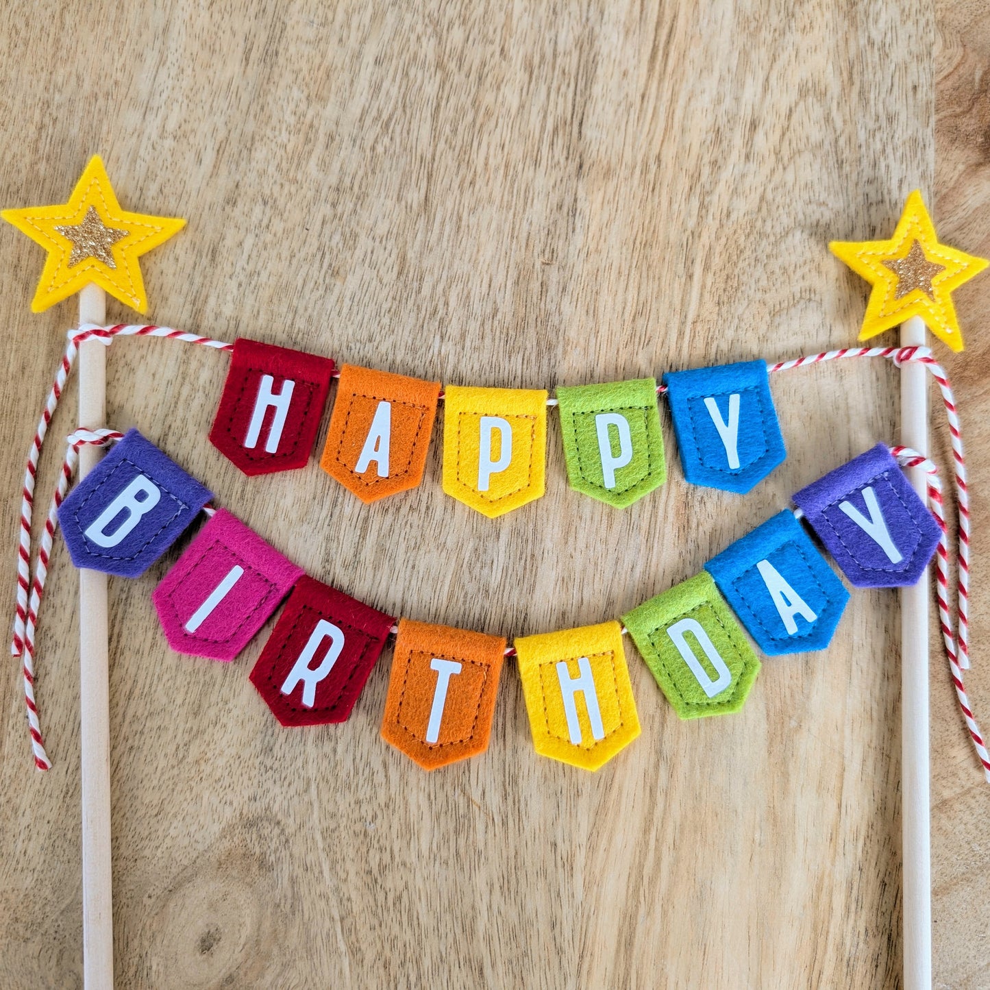 Handmade felt rainbow happy birthday cake topper bunting