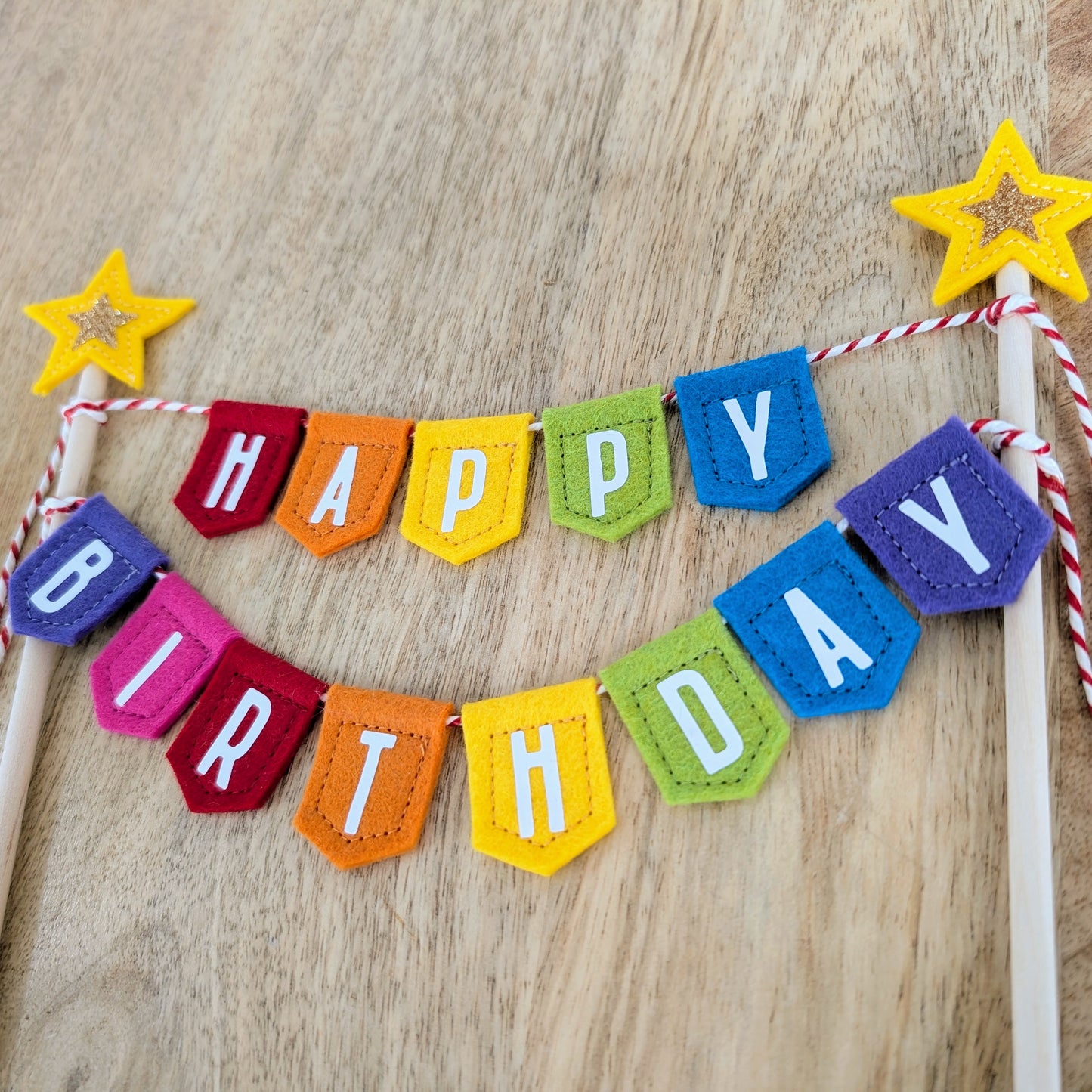 Handmade felt rainbow happy birthday cake topper bunting