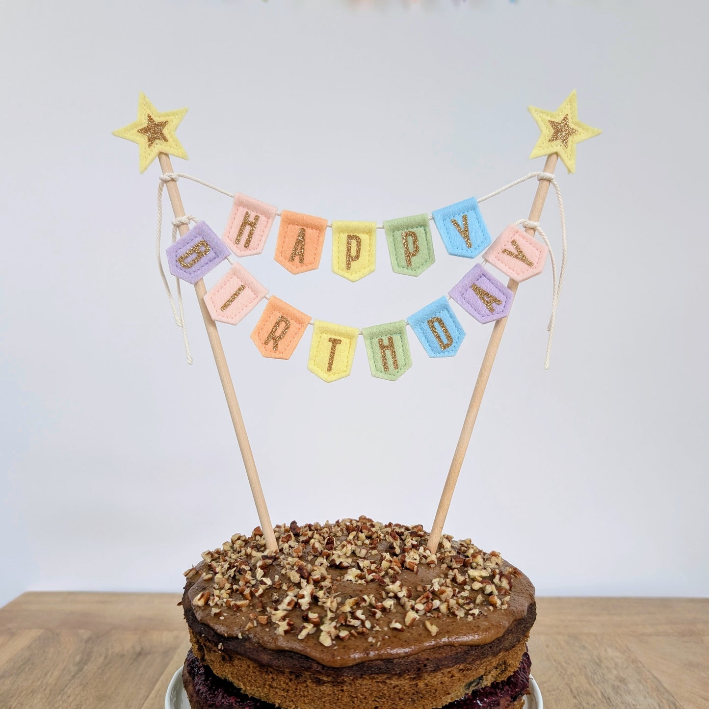 Handmade felt happy birthday pastel rainbow cake topper bunting