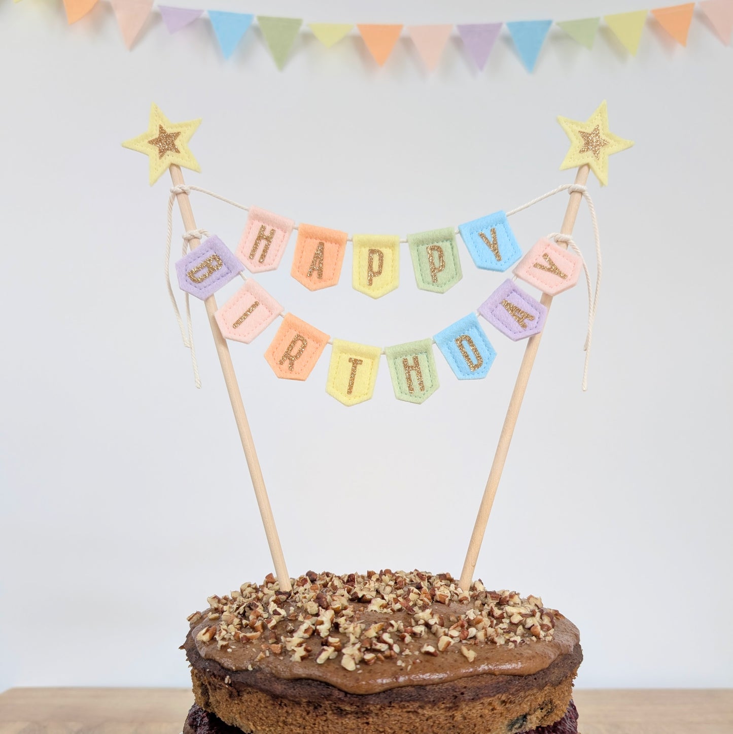 Handmade felt happy birthday pastel rainbow cake topper bunting