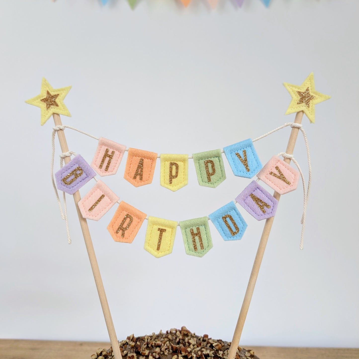 Handmade felt happy birthday pastel rainbow cake topper bunting