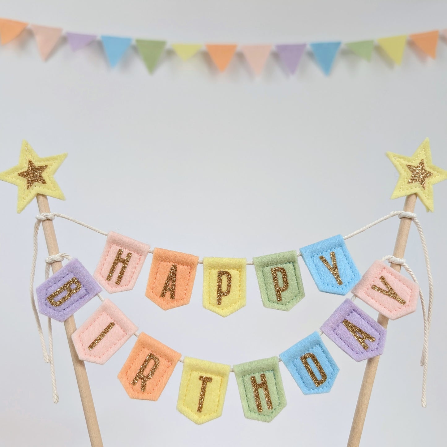 Handmade felt happy birthday pastel rainbow cake topper bunting