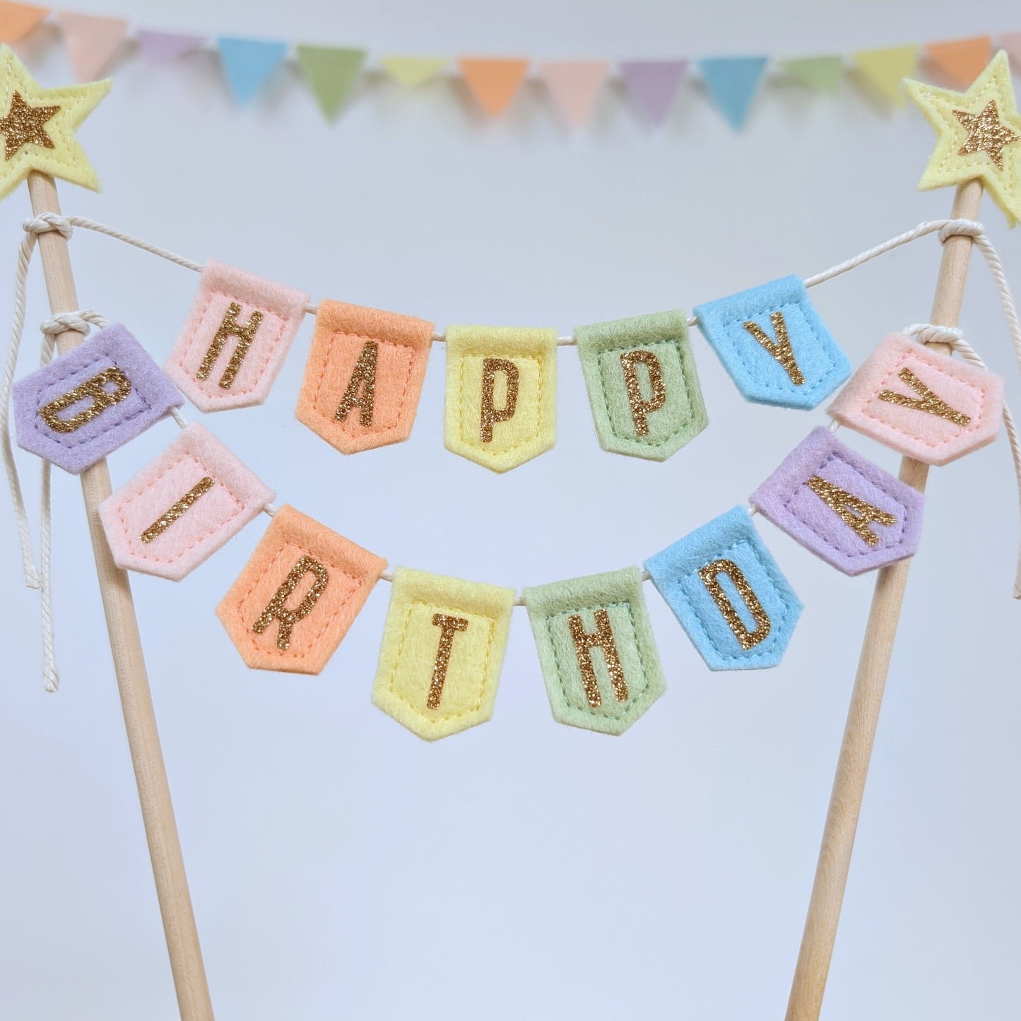 Handmade felt happy birthday pastel rainbow cake topper bunting