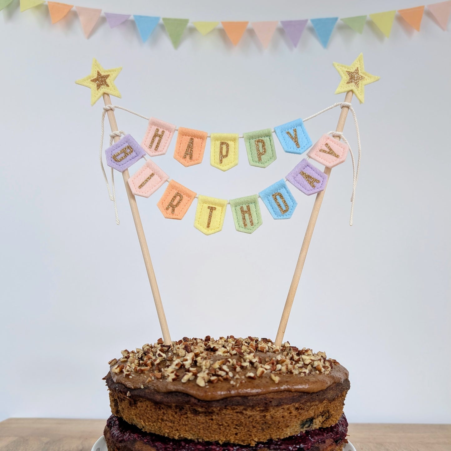 Handmade felt happy birthday pastel rainbow cake topper bunting