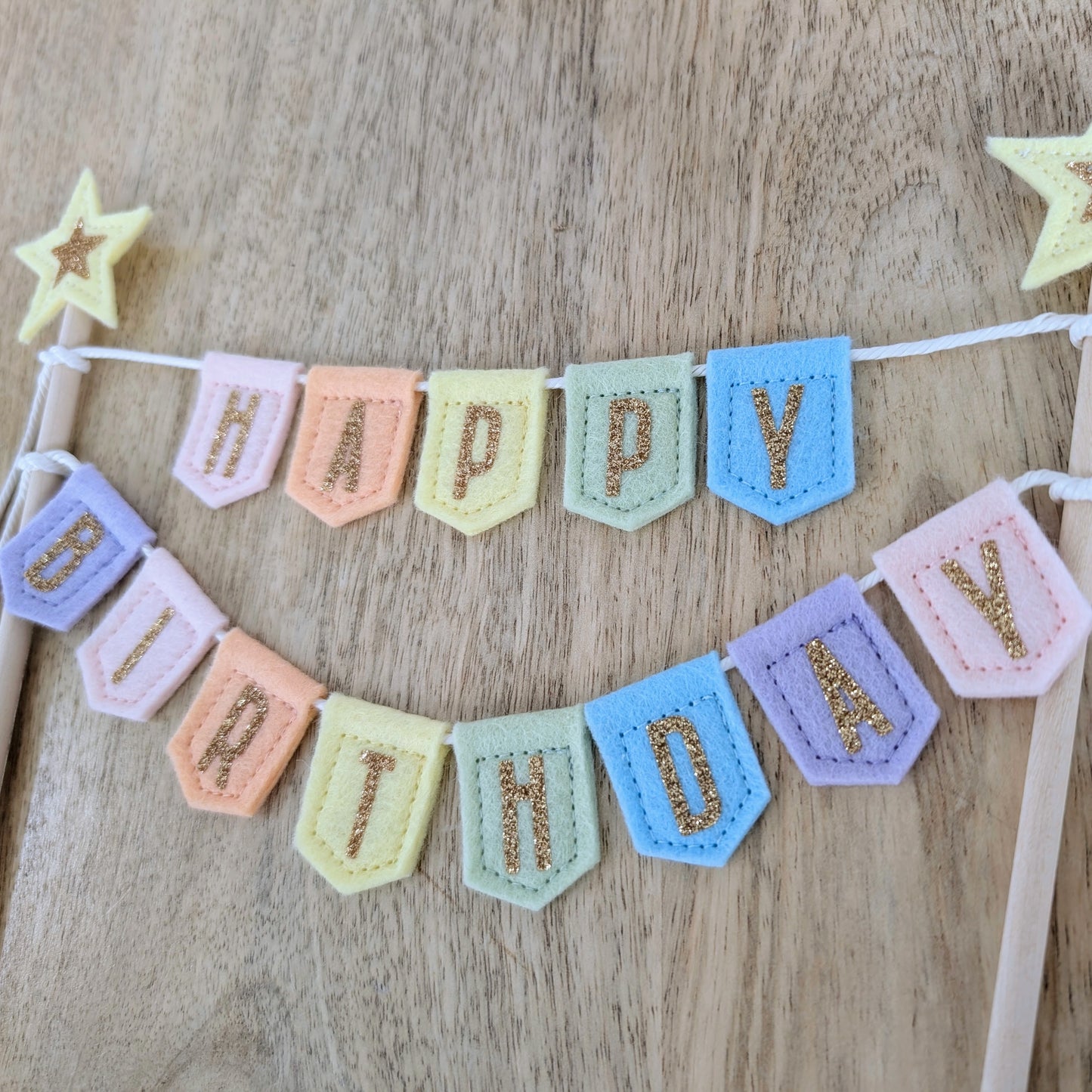 Handmade felt happy birthday pastel rainbow cake topper bunting
