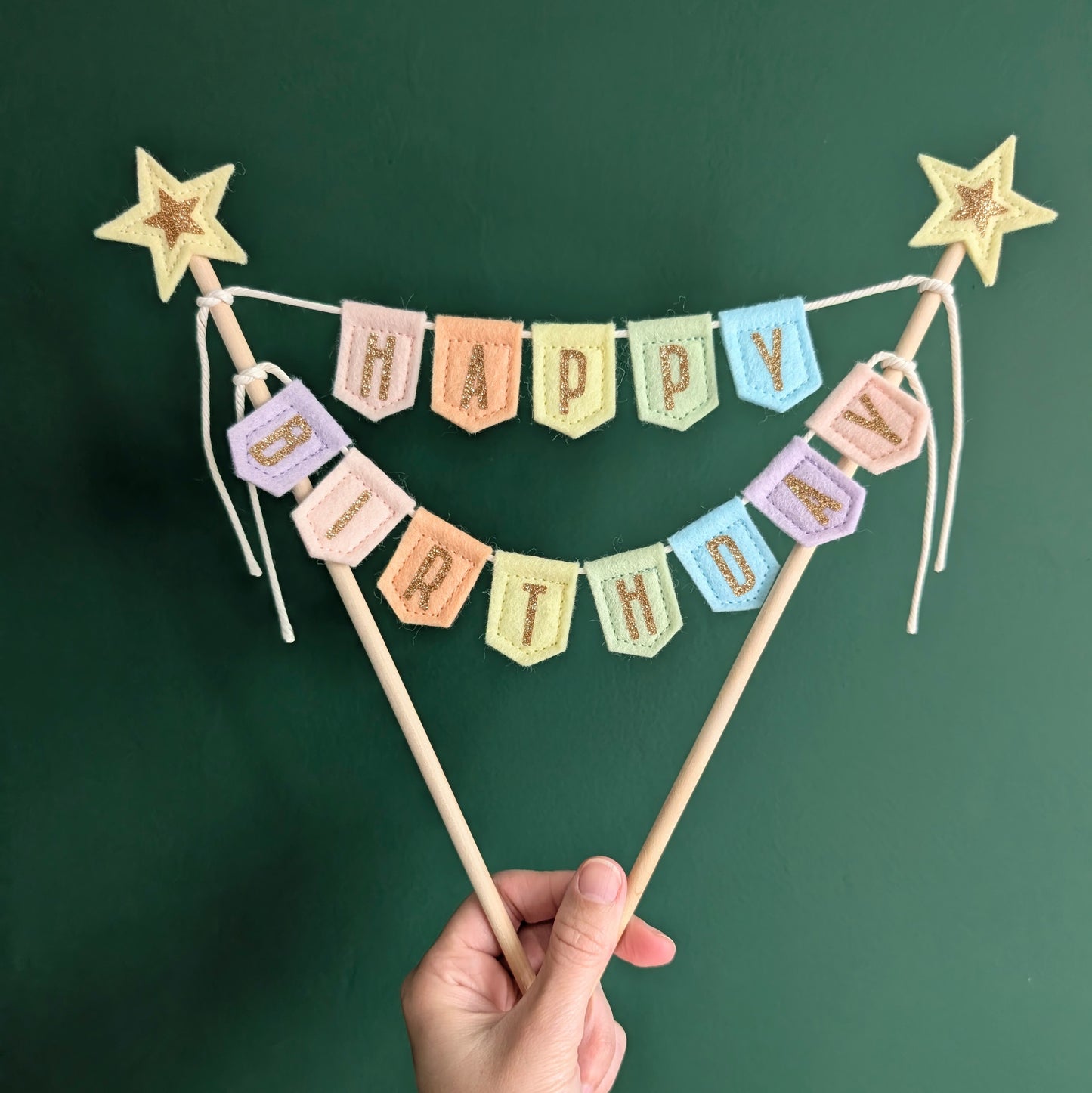 Handmade felt happy birthday pastel rainbow cake topper bunting